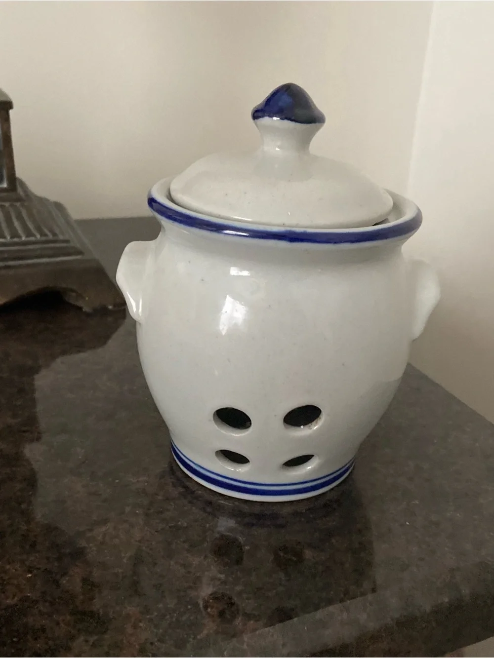 Source Unknown White Ceramic Garlic Keeper with Blue Trim